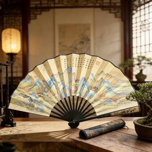 10寸千里江山图男士款古风折扇中国风夏季随身双面绢布面雕刻扇子