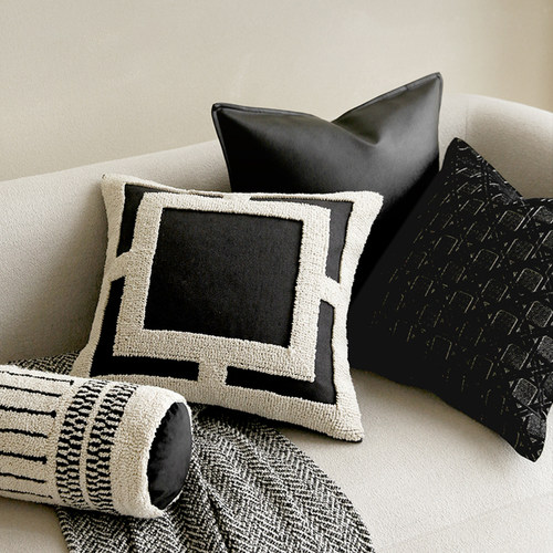 法式黑白立体绣皮编织方形抱枕套