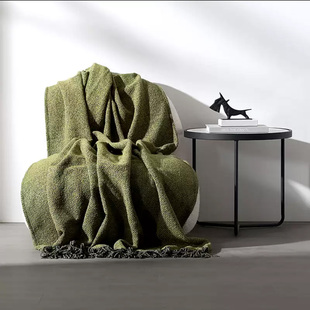 绿色斜条纹床尾巾扯须打结搭毯沙发床搭酒店民宿样板房软装装饰毯