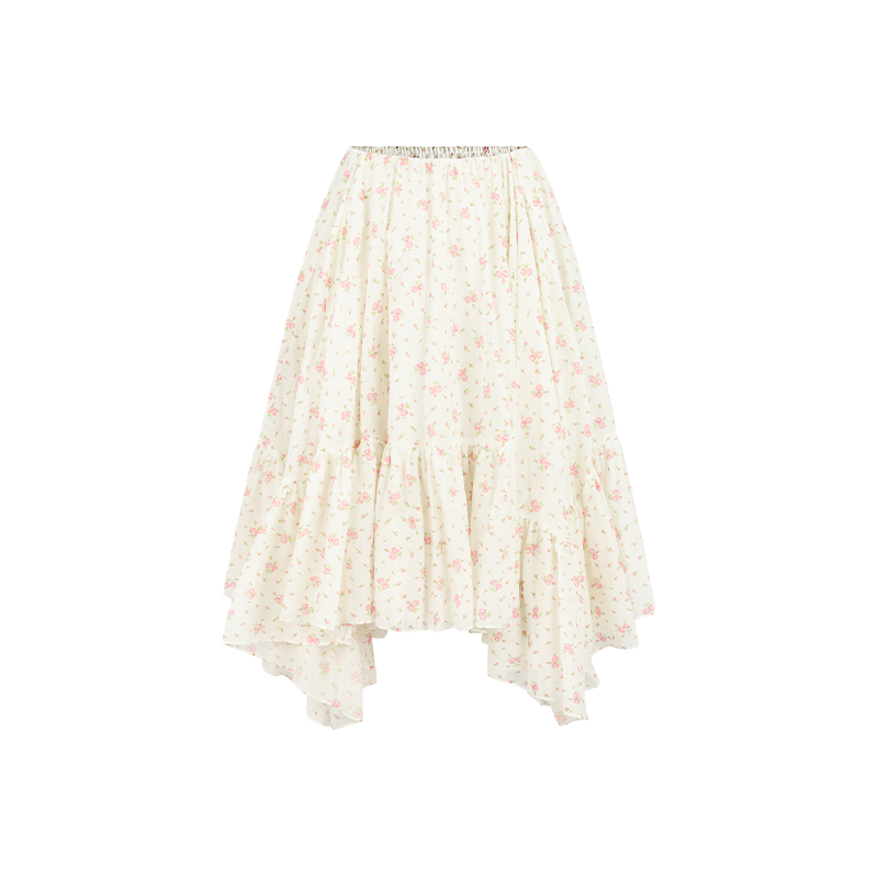 白底小蔷薇碎花印花及踝半身裙