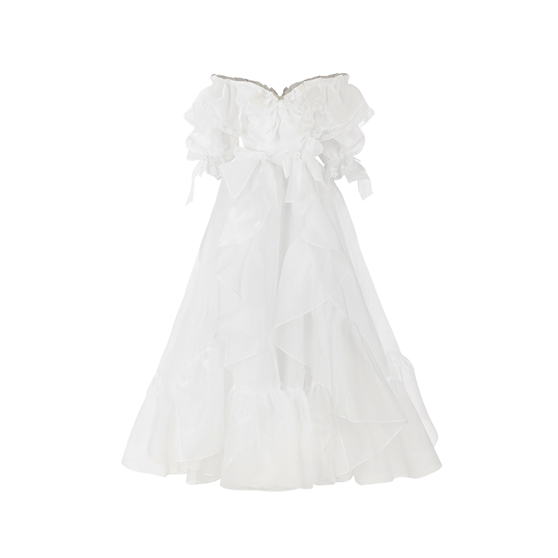 白色蕾丝边及踝礼服裙