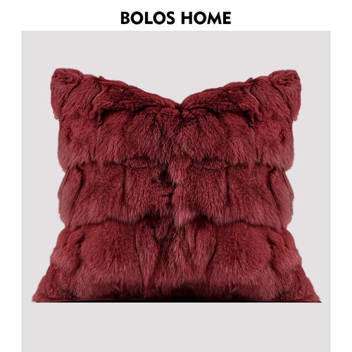 BOLOS HOME高档轻奢红色真狐狸毛皮草抱枕靠枕高级感沙发方枕腰枕