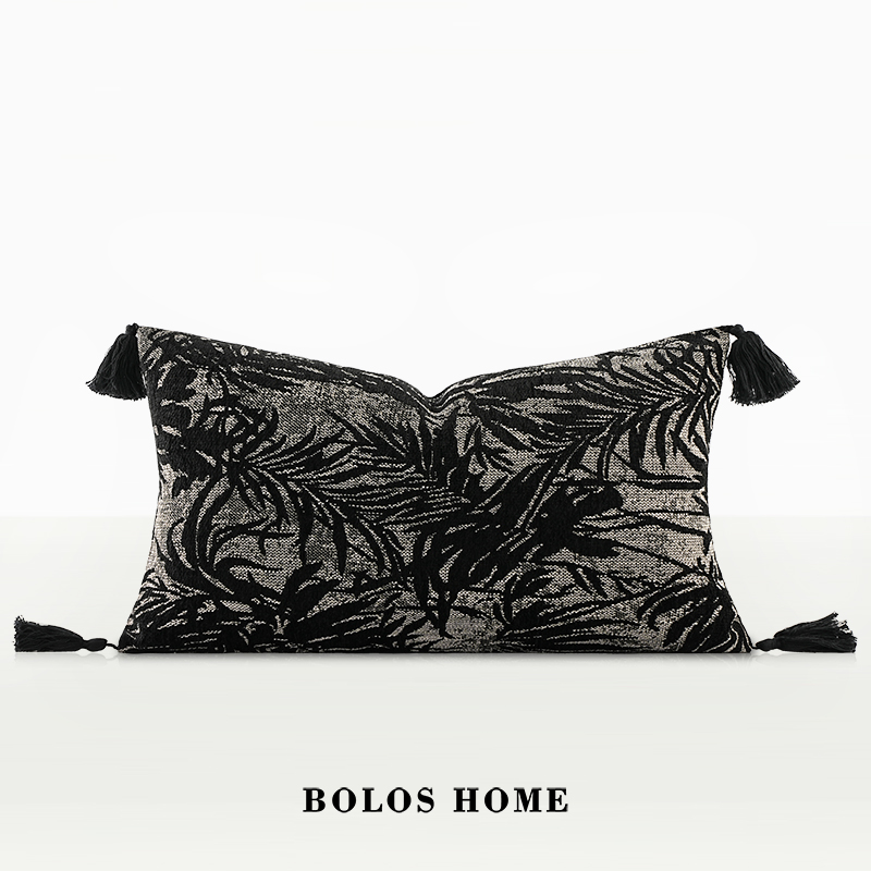 柏洛斯weave轻奢黑色棉麻编织绣花高端样板房客厅沙发靠背腰枕垫