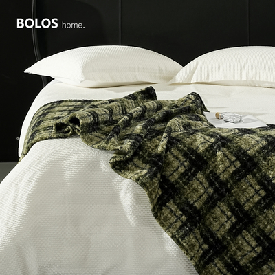 BOLOS HOME『苔林』中古风绿黑格纹搭毯毛呢保暖盖毯样板间床尾旗