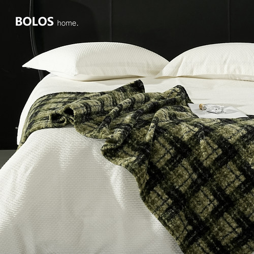 BOLOS HOME『苔林』中古风绿黑格纹搭毯毛呢保暖盖毯样板间床尾旗