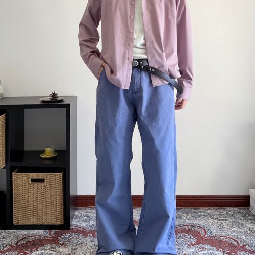 美式复古Vintage优雅蓝法工裤重水洗做旧微喇宽松工装裤男