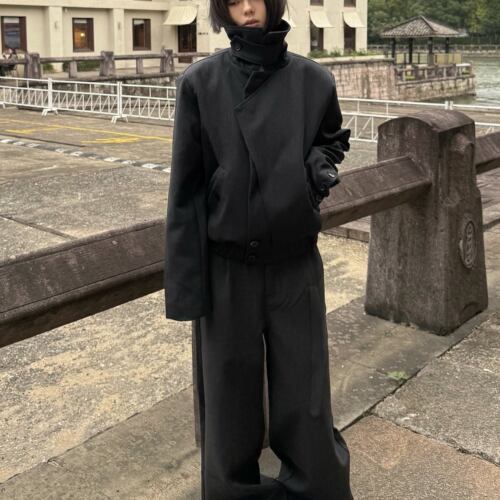 廓形羊毛叠门襟正肩潮流立领短款拉链夹克外套