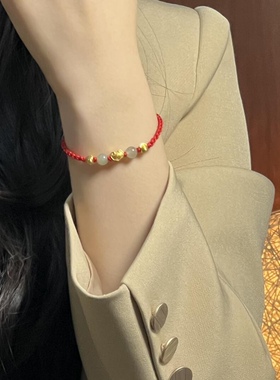 足金999金黄金福牌福锁红绳编绳手链女送女友老婆七夕情人节礼物