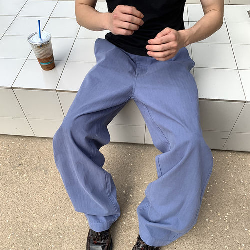 Nevoko美式复古法工长裤蓝色水洗工装直筒阔腿休闲裤潮流男女