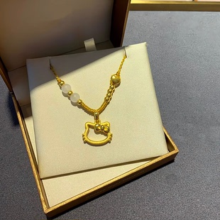 黄金hellokitty爱心足金999镂空凯蒂猫吊坠硬金编绳项链女友礼物