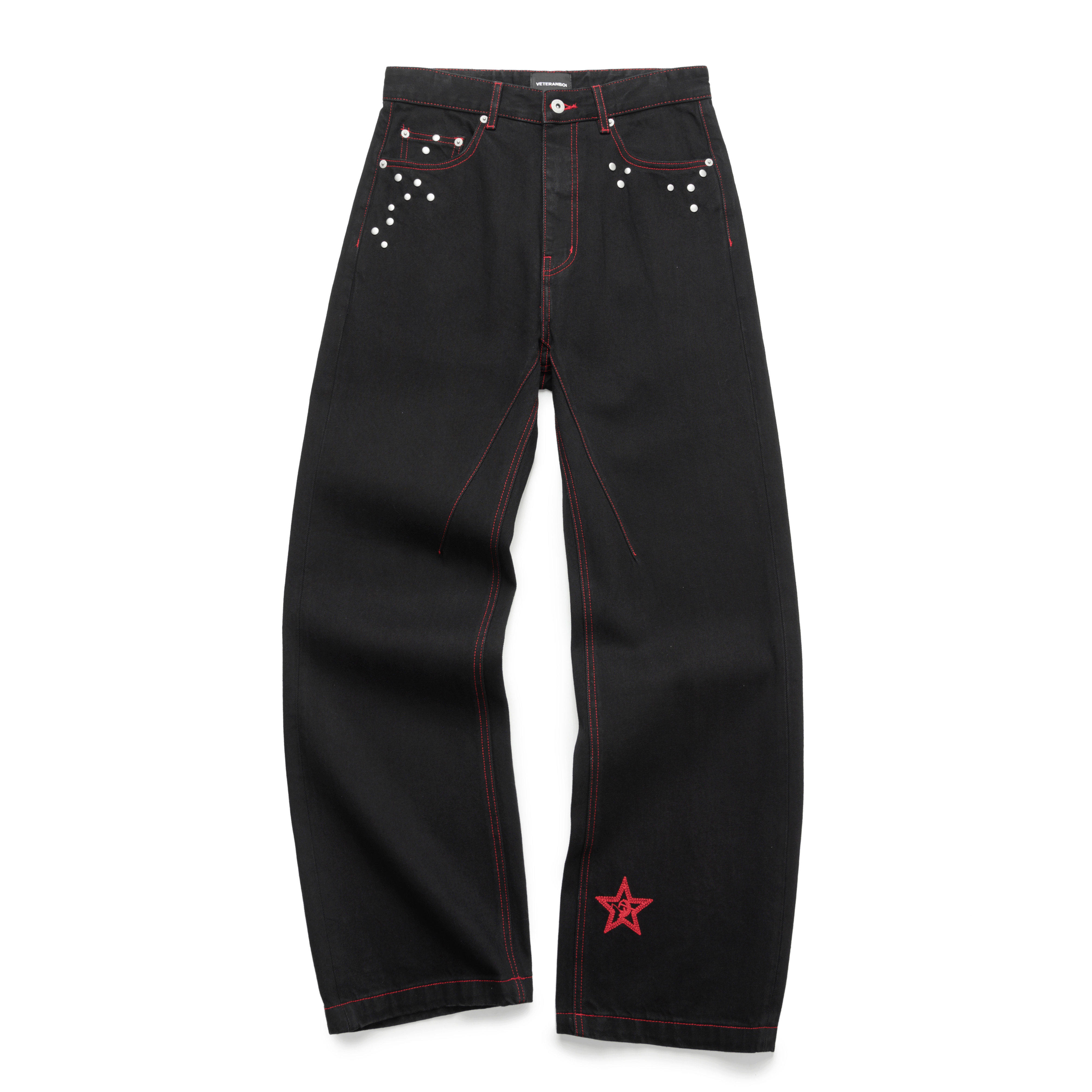 红线刺绣手工铆钉黑色微喇牛仔裤REDLINERIVETDENIM