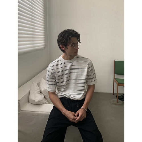 舒适弹性高智感简约条纹短袖T恤男女宽松半袖圆领休闲上衣