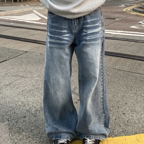 H1online水洗蓝阔腿牛仔裤宽松休闲日系男女百搭直筒设计感长裤