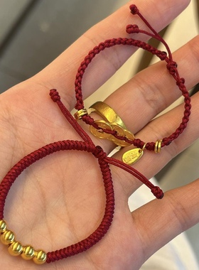 古法小金珠3D黄金足金999手链儿童红绳宝宝满月金饰婴儿百天礼物