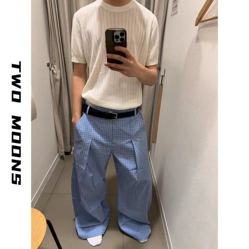 格子宽松慵懒阔腿A字打褶弯刀复古休闲裤男同款