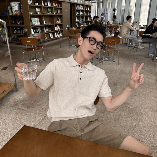 杏色华夫格老钱风冰丝针织polo衫男款夏季新款简约休闲