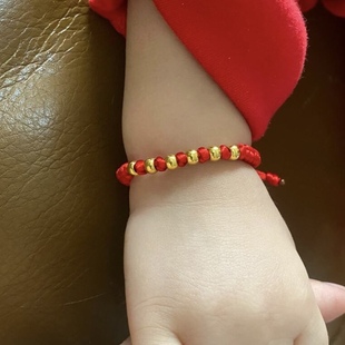 儿童纯金手绳古法小金珠黄金足金999手链年红绳宝宝满月金饰婴儿