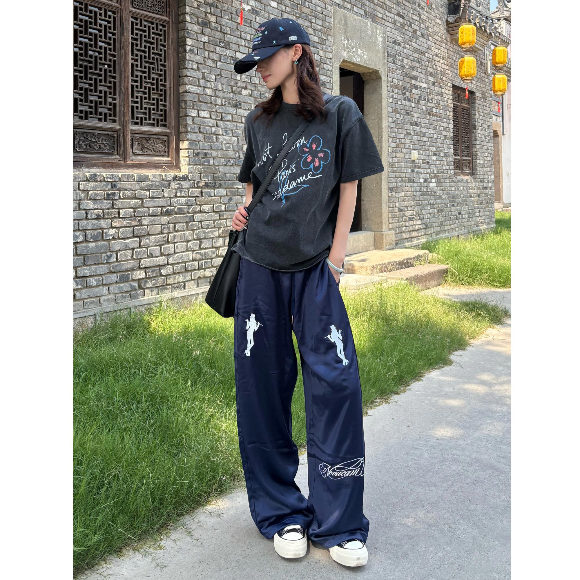 夏季凉感透气丝滑身垂感深宝蓝刺绣印花复古休闲裤