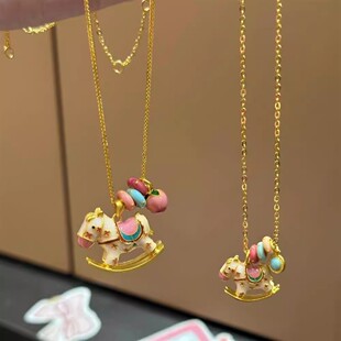 正品水贝足金999纯金黄金高温烧蓝木马吊坠摇摇马项链送女友礼物