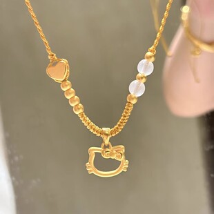 黄金爱心KT猫吊坠女足金999蝴蝶凯蒂猫项链kitty猫送老婆七夕礼物