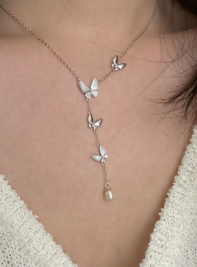925纯银珍珠项链女简约百搭小众设计精致蝴蝶镶钻流苏锁骨链礼物
