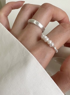 碎银子珍珠戒指s925通体纯银组合叠戴拉丝曲面指环简约百搭气质款