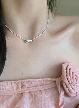 纯银爱心圆珠锁骨项链女韩版简约甜美气质桃心形蛇骨链小众设计感