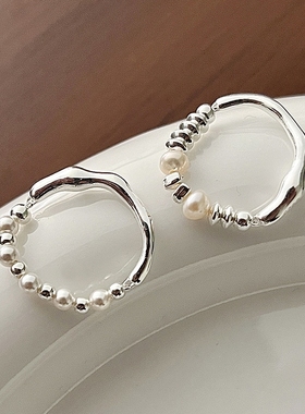 925纯银碎银子天然珍珠戒指女简约百搭不规则弹力绳指环小众设计