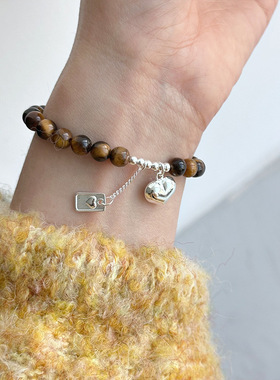 纯银虎眼石链条流苏方牌爱心手链女天然石简约气质百搭串珠手环