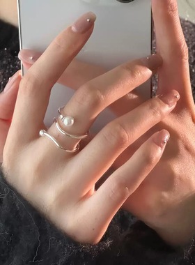 s925纯银不规则线条珍珠戒指女轻奢简约气质甜美开口可调节指环