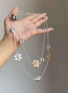 时髦金属花朵撞色拼接长款多用精致项链ins小众叠戴毛衣链腰链女