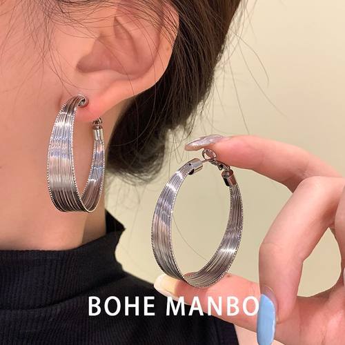 小众百搭冷淡风多层拉丝耳圈气质夸张时尚耳环高级感无耳洞耳夹
