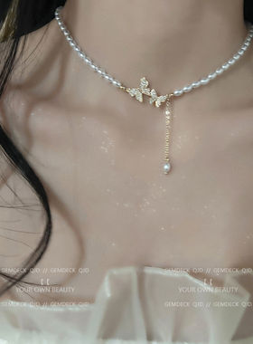 复古轻奢蝴蝶珠珠项链女吊坠小众设计高级感气质锁骨颈链choker