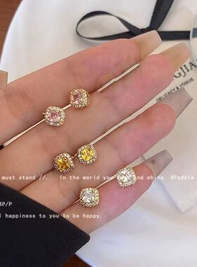 太闪了!超闪精致方形锆石耳钉女轻奢小众高级感耳环气质百搭耳饰