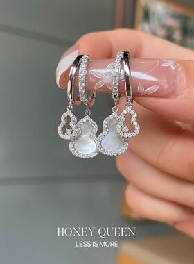 法式轻奢复古白贝双生葫芦耳扣国潮气质小众中古风精致耳饰品