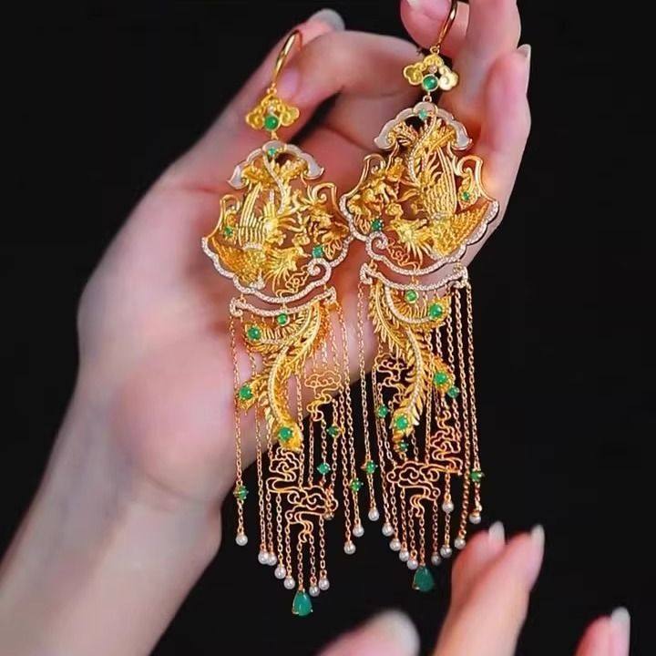 新中式耳环凤凰绿钻流苏耳坠