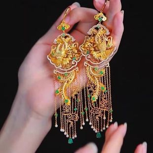 凤凰于飞耳环新中式耳环凤凰绿钻流苏耳坠配饰送礼物