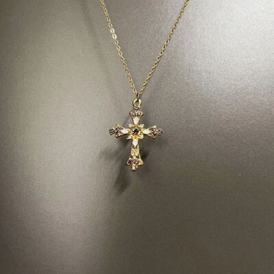 Vintage古着 Golden petal cross项链中古金色十字架长款锁骨链