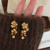 鎏金岁月 秋冬复古高级感纹理花枝流苏金色耳钉小众设计感耳饰