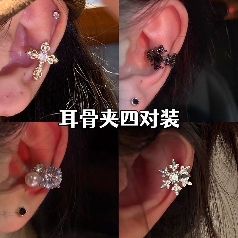 金色满钻十字架耳骨夹女个性辣妹风耳环2025爆款无耳洞耳夹耳饰