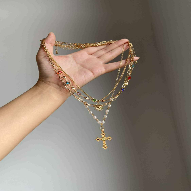 复古巴洛克原创风双层叠十字架项链多层欧美高级设计轻奢锁骨颈链,饰品/流行首饰/时尚饰品新,项链,淘宝优惠券,粉丝福利购,淘宝优惠卷