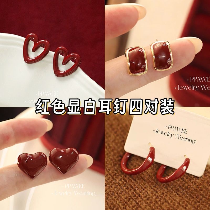 暖冬显白安可拉红色滴釉爱心耳环女精致秋冬耳钉2025新款气质耳饰