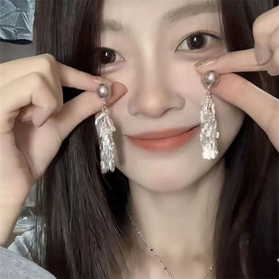 流苏麦穗灰珍珠耳钉女小众高级感夸张耳环轻奢高级方圆脸显瘦耳饰