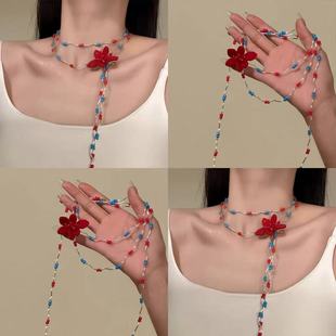 蔷薇家原创【春之灵韵】春夏季明媚花朵项链红蓝串珠choker锁骨链
