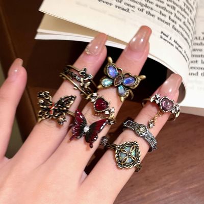 中古蝴蝶锆石开口戒指女轻奢小众高级感复古食指戒装饰可调节指环