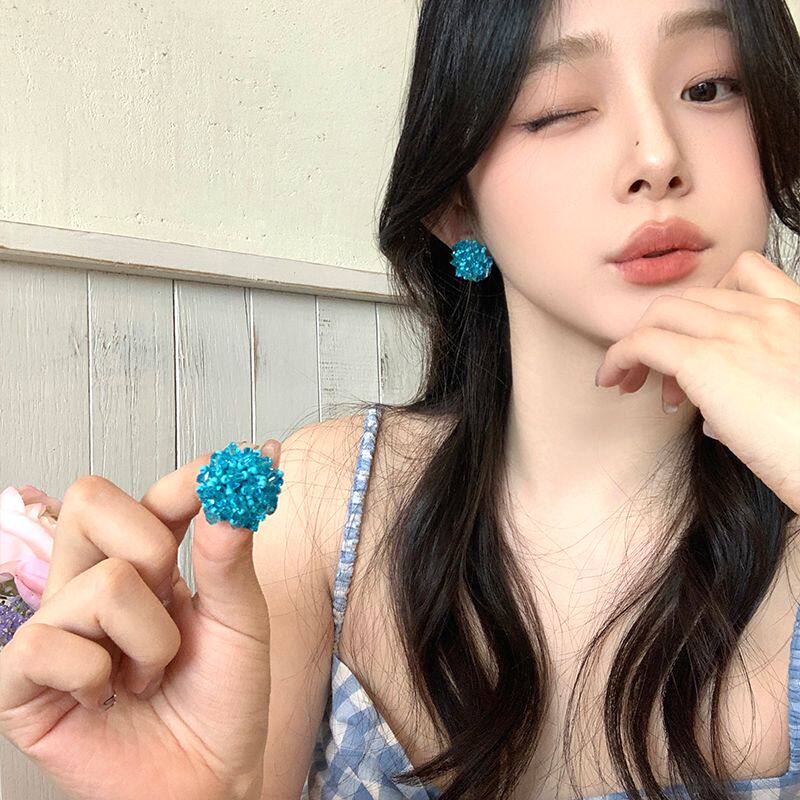 清新蓝色绣球花朵串珠耳环女轻奢小众高级感耳饰春夏独特大气耳钉