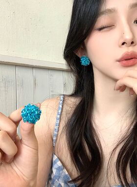 清新蓝色绣球花朵串珠耳环女轻奢小众高级感耳饰春夏独特大气耳钉