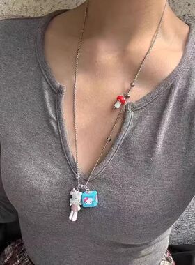 金属卡通可爱几何方块kt猫头项链女蛇骨链长款毛衣链辣妹锁骨链潮