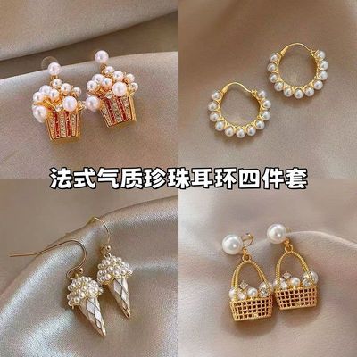 新款时尚创意耳环女闪耀锆石超仙珍珠耳钉爆米花造型小众精美耳饰