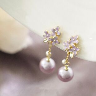 晨露苍兰 法式紫色花朵耳饰女高级感珍珠吊坠耳环精致流苏耳钉